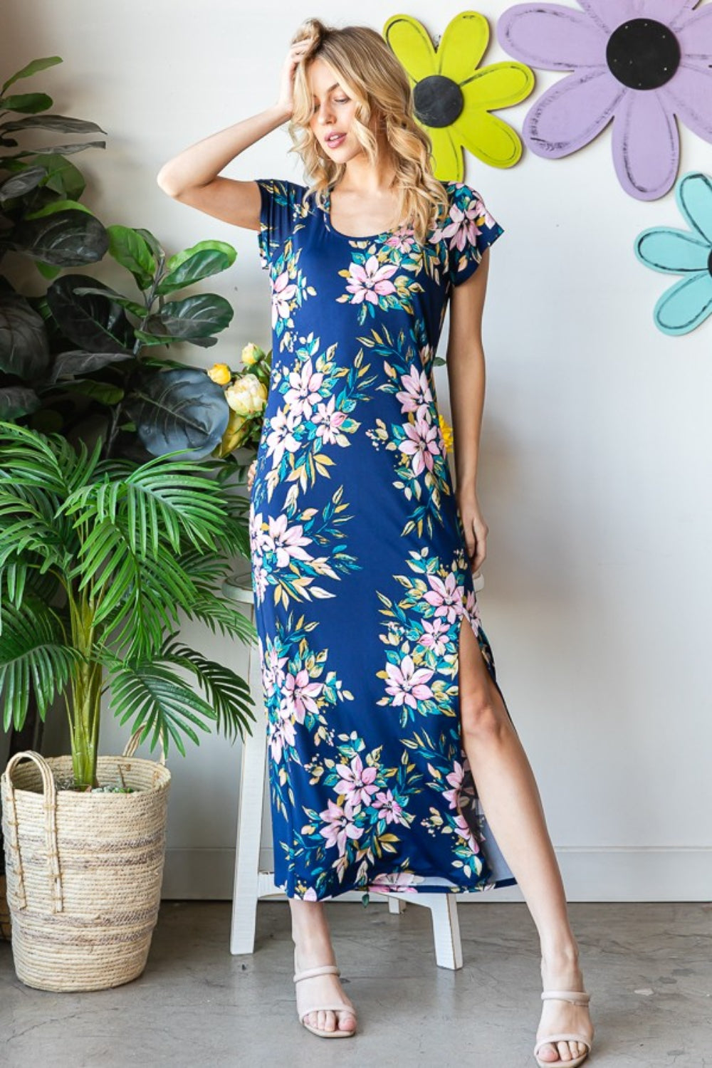 Heimish Full Size Floral Short Sleeve Slit Dress - UrbanEthereal