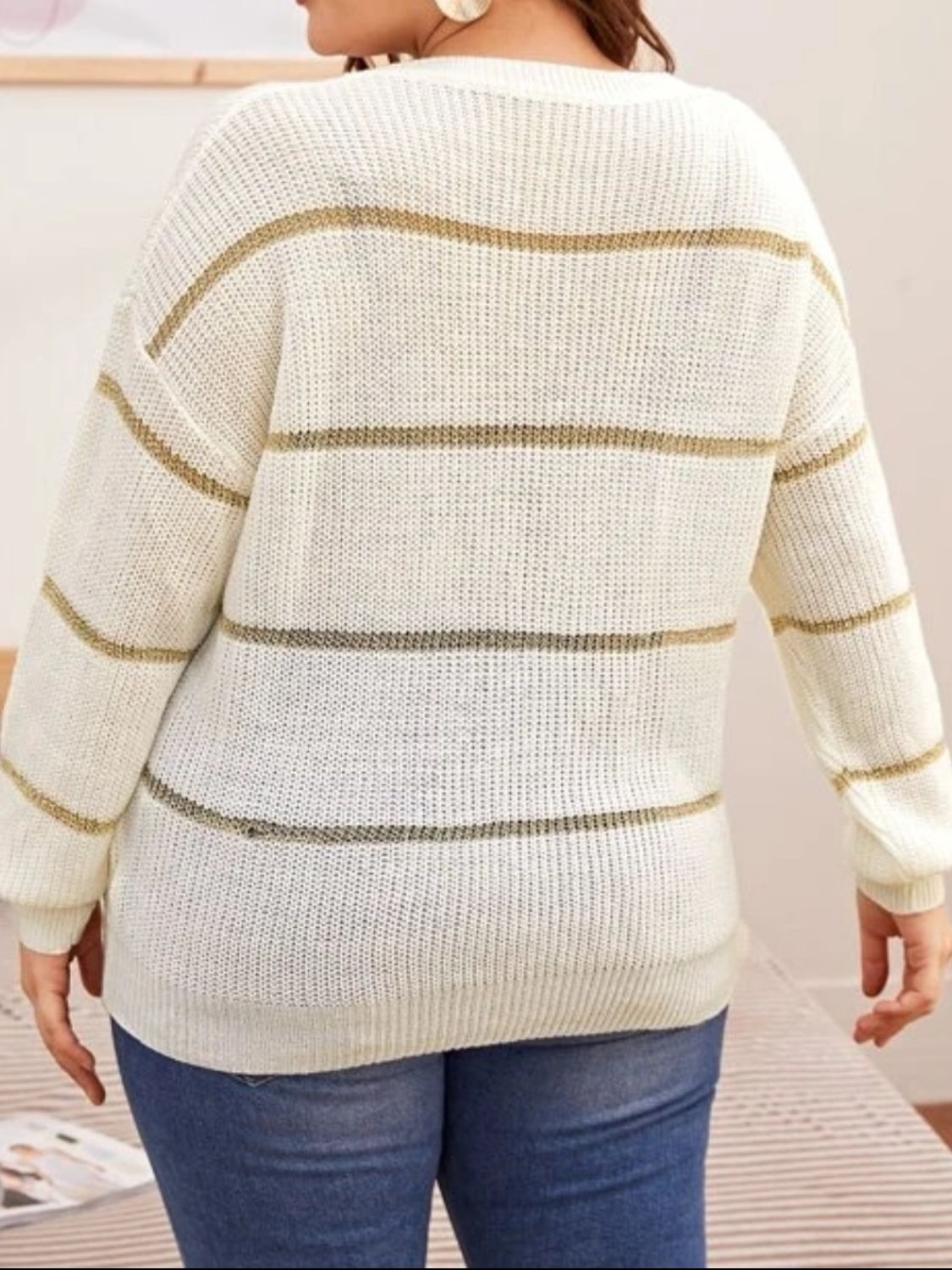 Plus Size Striped Dropped Shoulder Sweater - UrbanEthereal