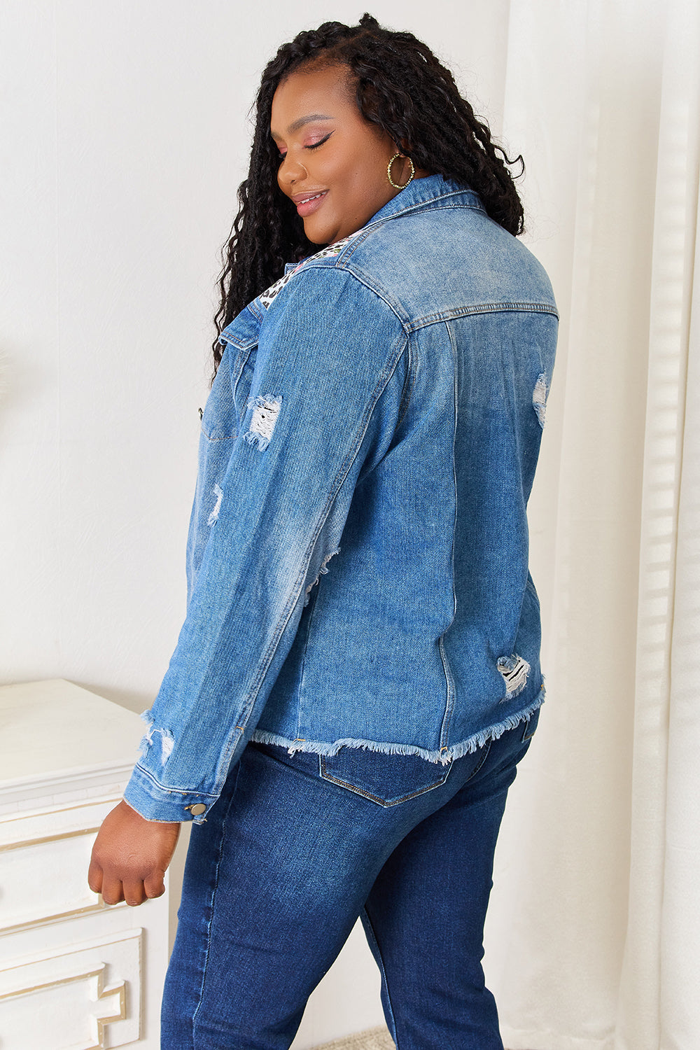 Baeful Leopard Floral Distressed Raw Hem Denim Jacket - UrbanEthereal
