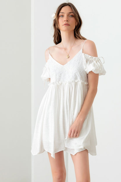 Mustard Seed Embroidered Floral Shirred Cold Shoulder Mini Dress - UrbanEthereal