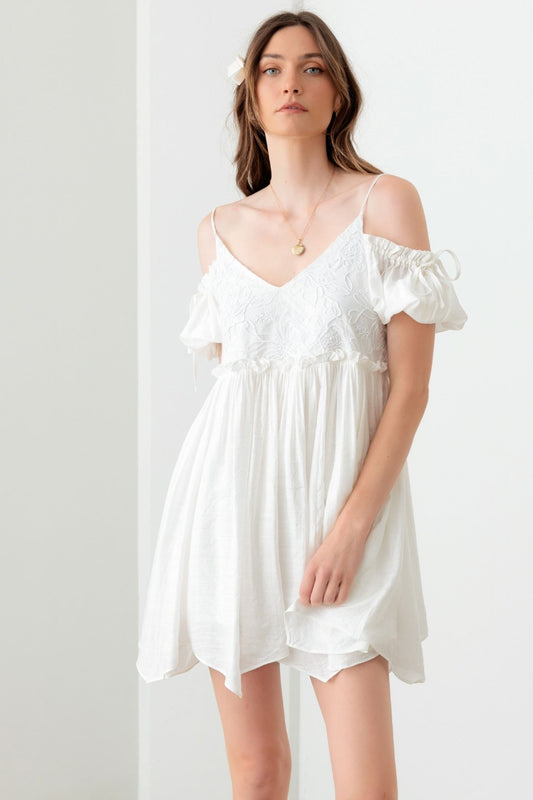 Mustard Seed Embroidered Floral Shirred Cold Shoulder Mini Dress - UrbanEthereal