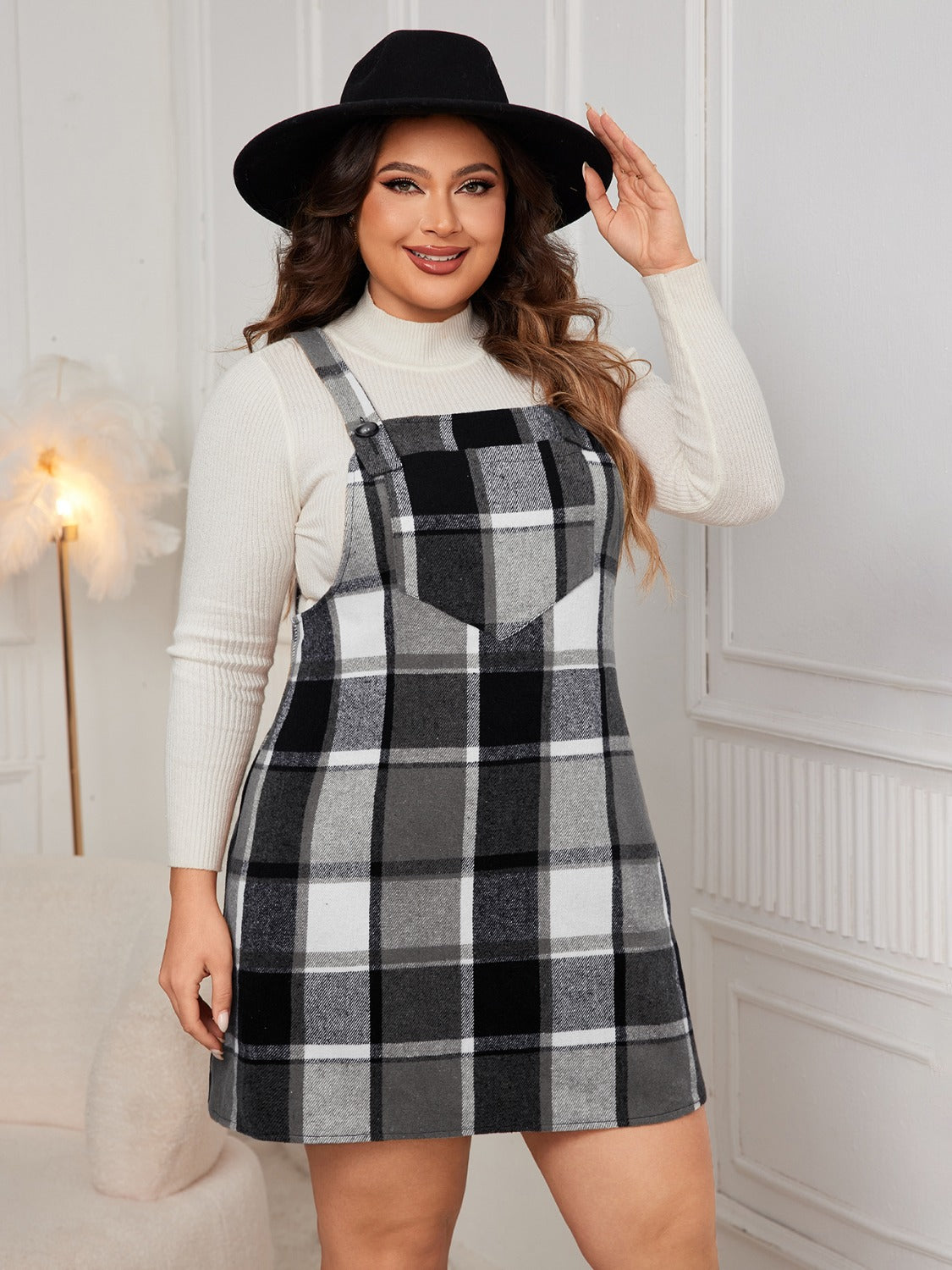 Plus Size Plaid Wide Strap Overall Dress - UrbanEthereal