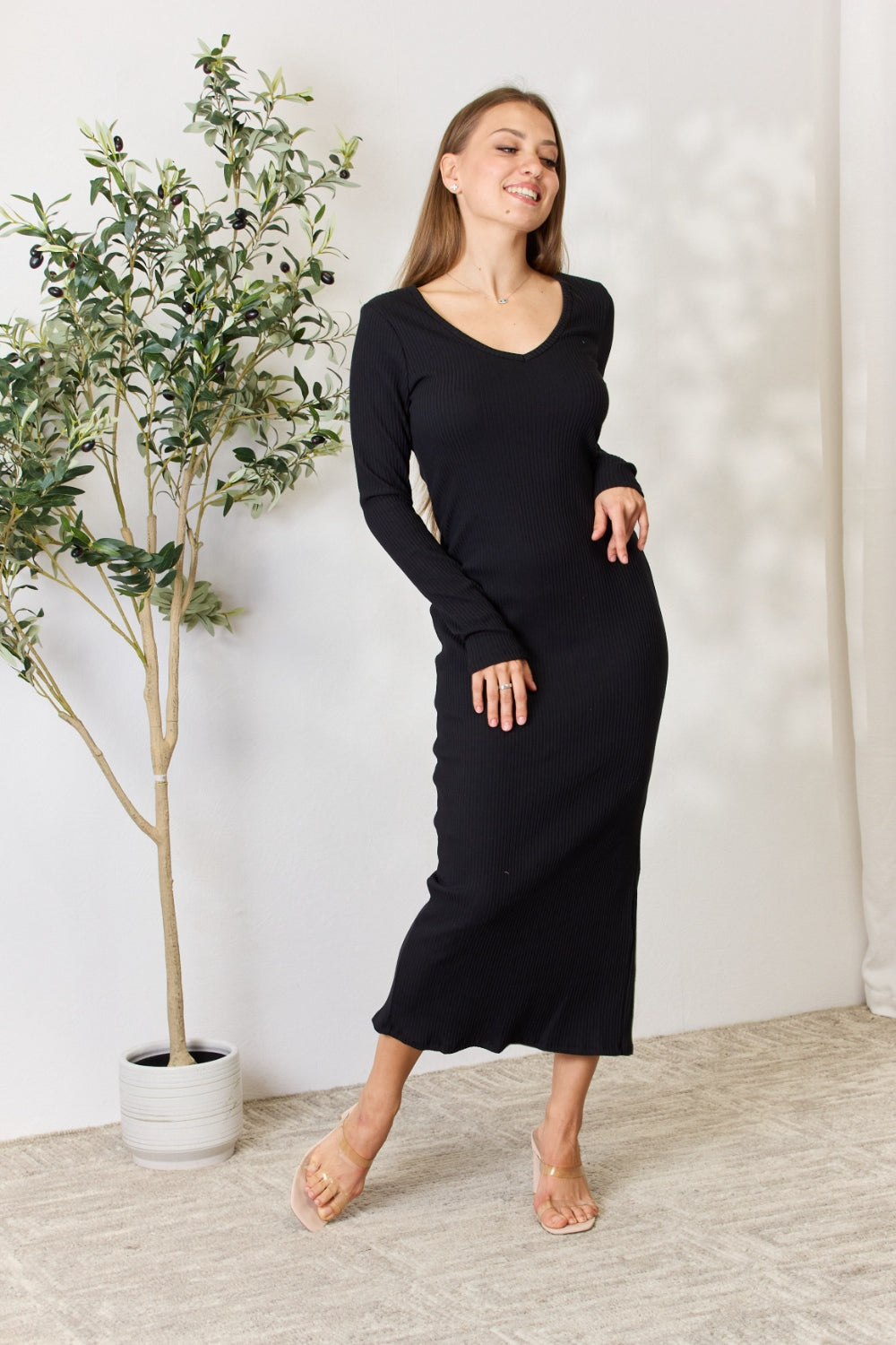 Culture Code Full Size Ribbed Long Sleeve Midi Slit Dress - UrbanEthereal