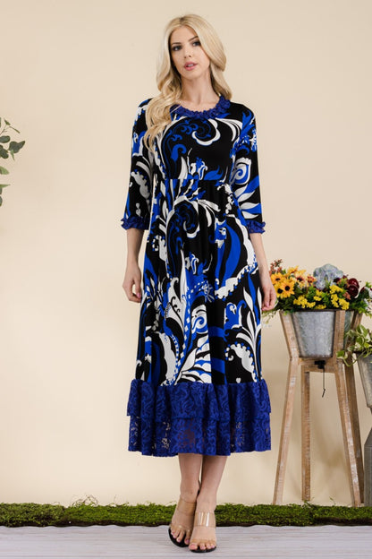 Celeste Full Size Paisley Print Lace Ruffled Midi Dress - UrbanEthereal