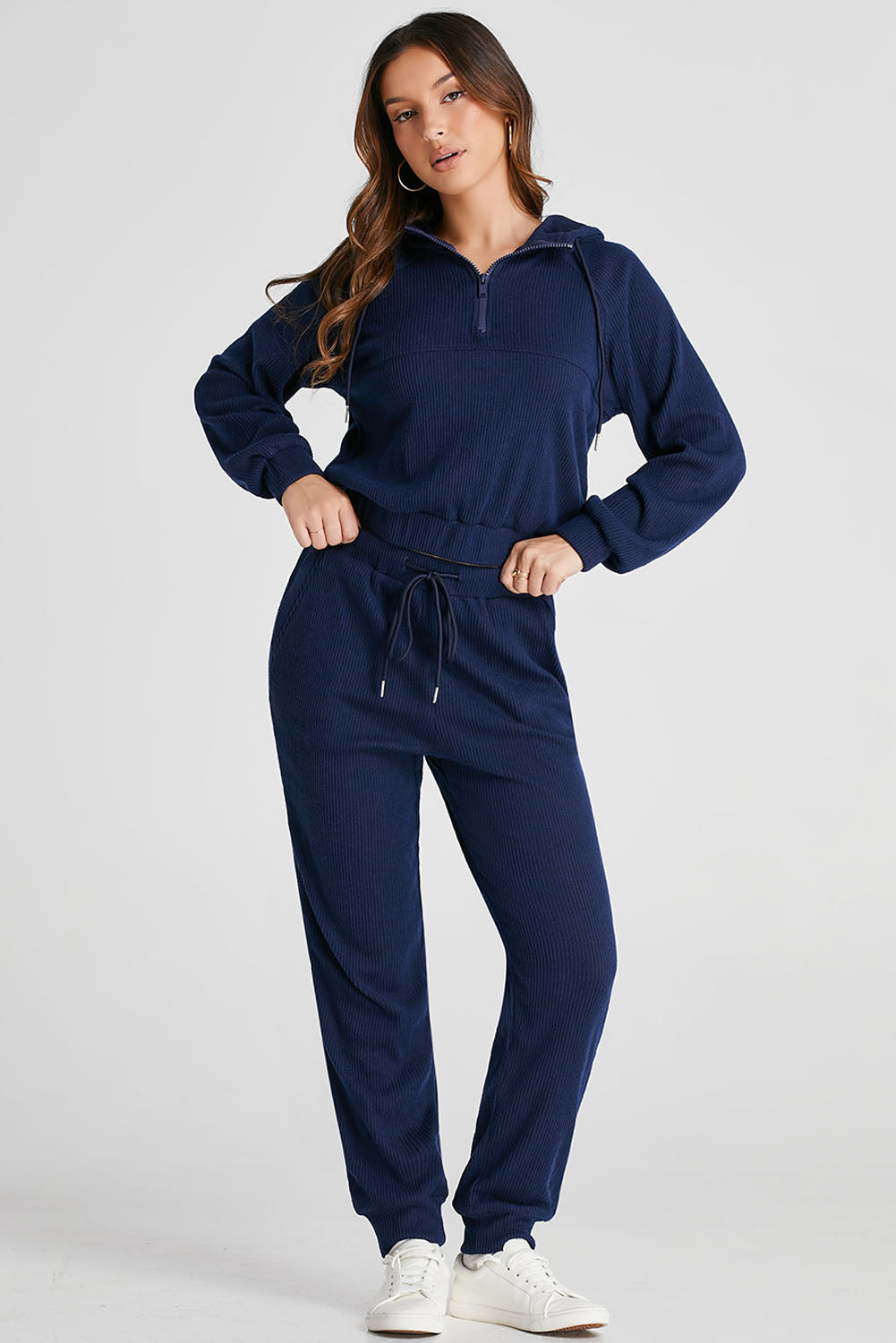 Drawstring Half Zip Hoodie and Joggers Active Set - UrbanEthereal