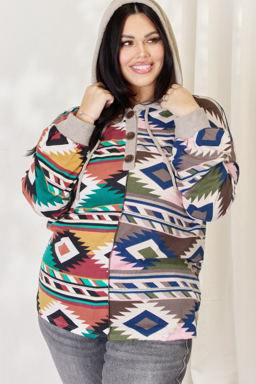 Celeste Full Size Geometric Exposed Seam Drawstring Hoodie - UrbanEthereal