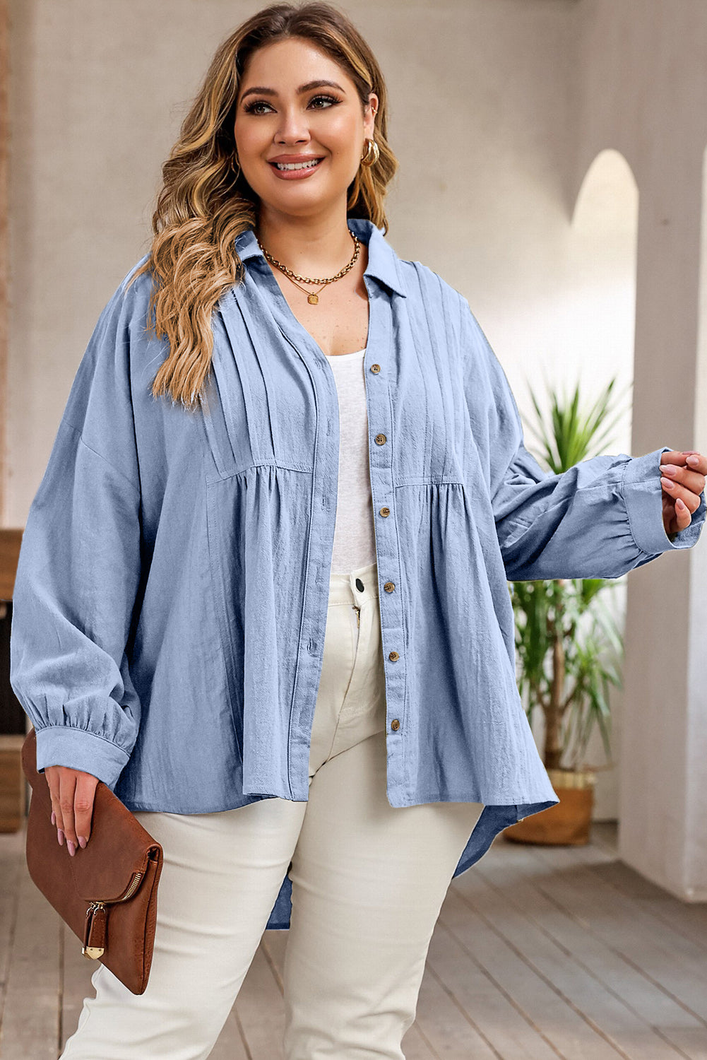 Plus Size High-Low Button Up Dropped Shoulder Shirt - UrbanEthereal