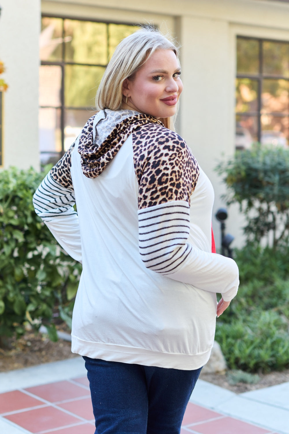 Celeste Design Full Size Leopard Contrast Drawstring Hoodie - UrbanEthereal