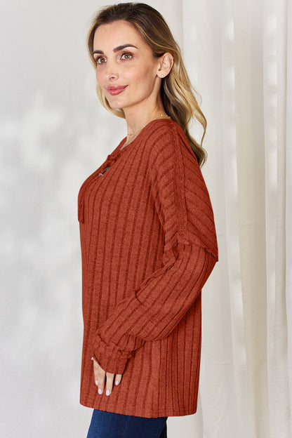 Basic Bae Full Size Ribbed Half Button Long Sleeve T-Shirt - UrbanEthereal