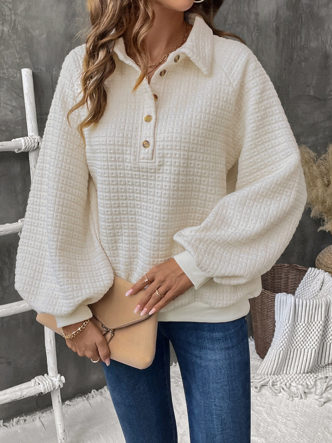 Perfee Half Button Long Sleeve Sweatshirt