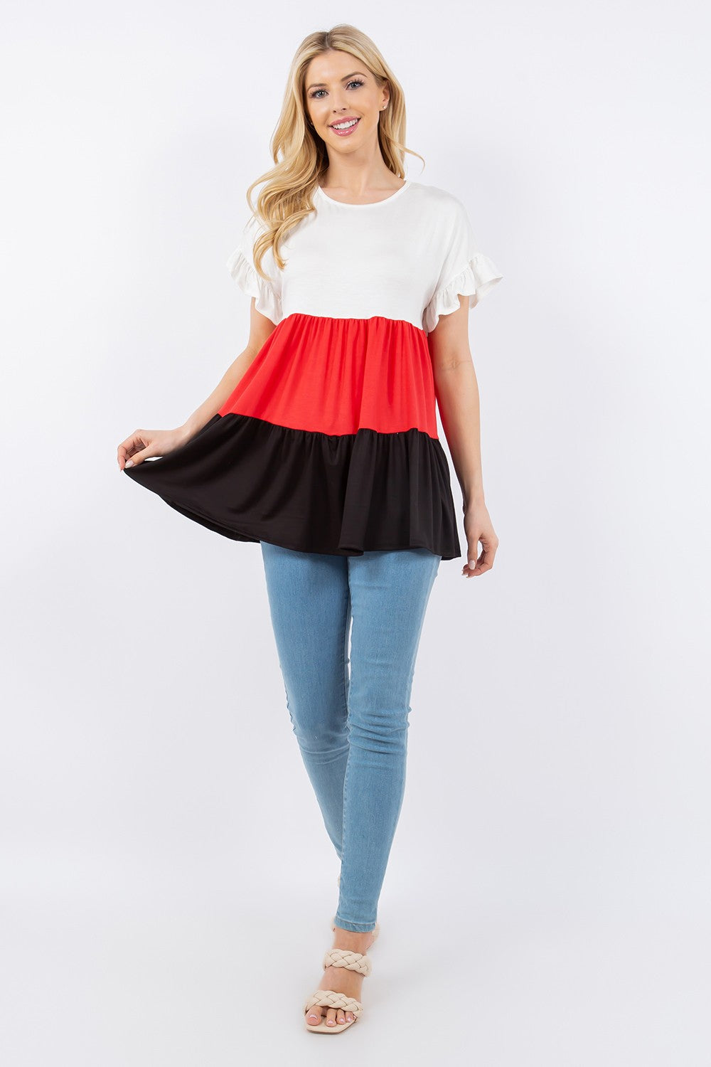 Celeste Full Size Color Block Ruffled Short Sleeve Top