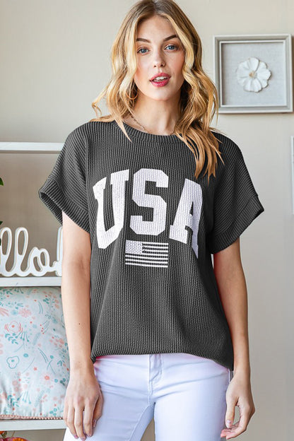 Heimish Full Size USA Graphic Short Sleeve Ribbed Top - UrbanEthereal