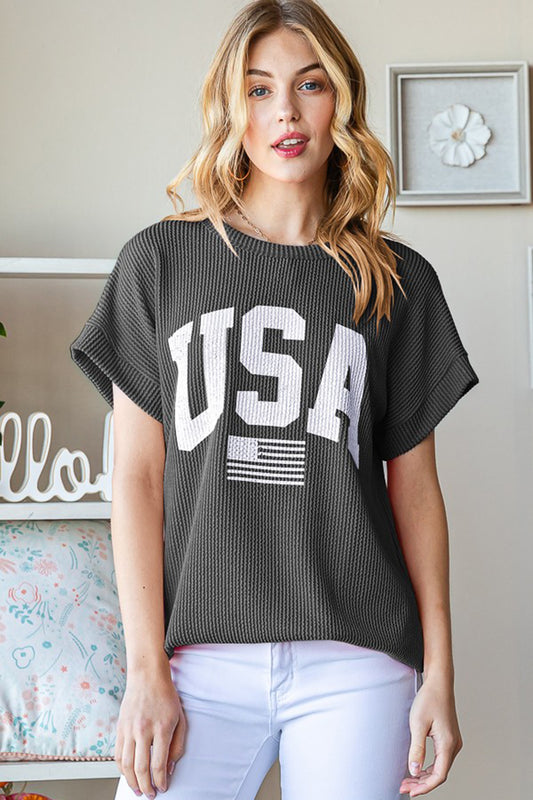 Heimish Full Size USA Graphic Short Sleeve Ribbed Top - UrbanEthereal
