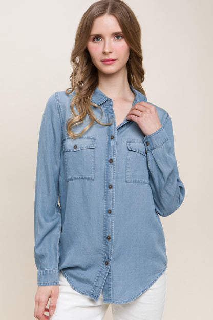 Love Tree Scooped Hem Button Up Denim Shirt - UrbanEthereal