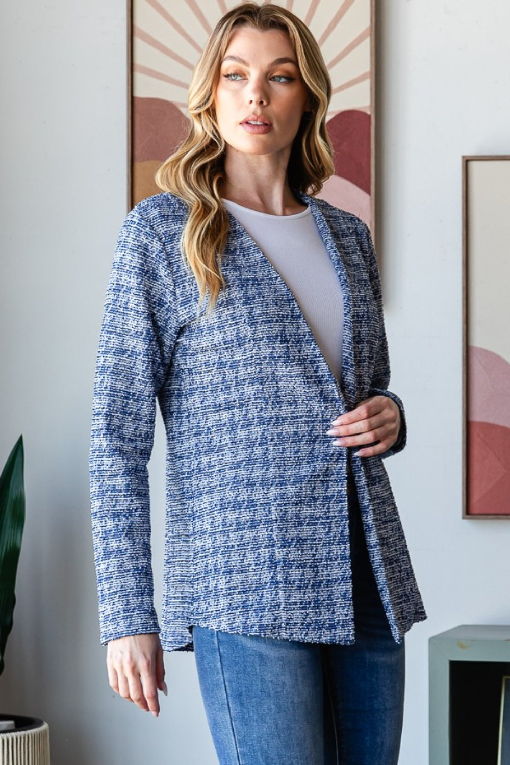 Heimish Full Size Houndstooth Tweed Open Front Blazer - UrbanEthereal
