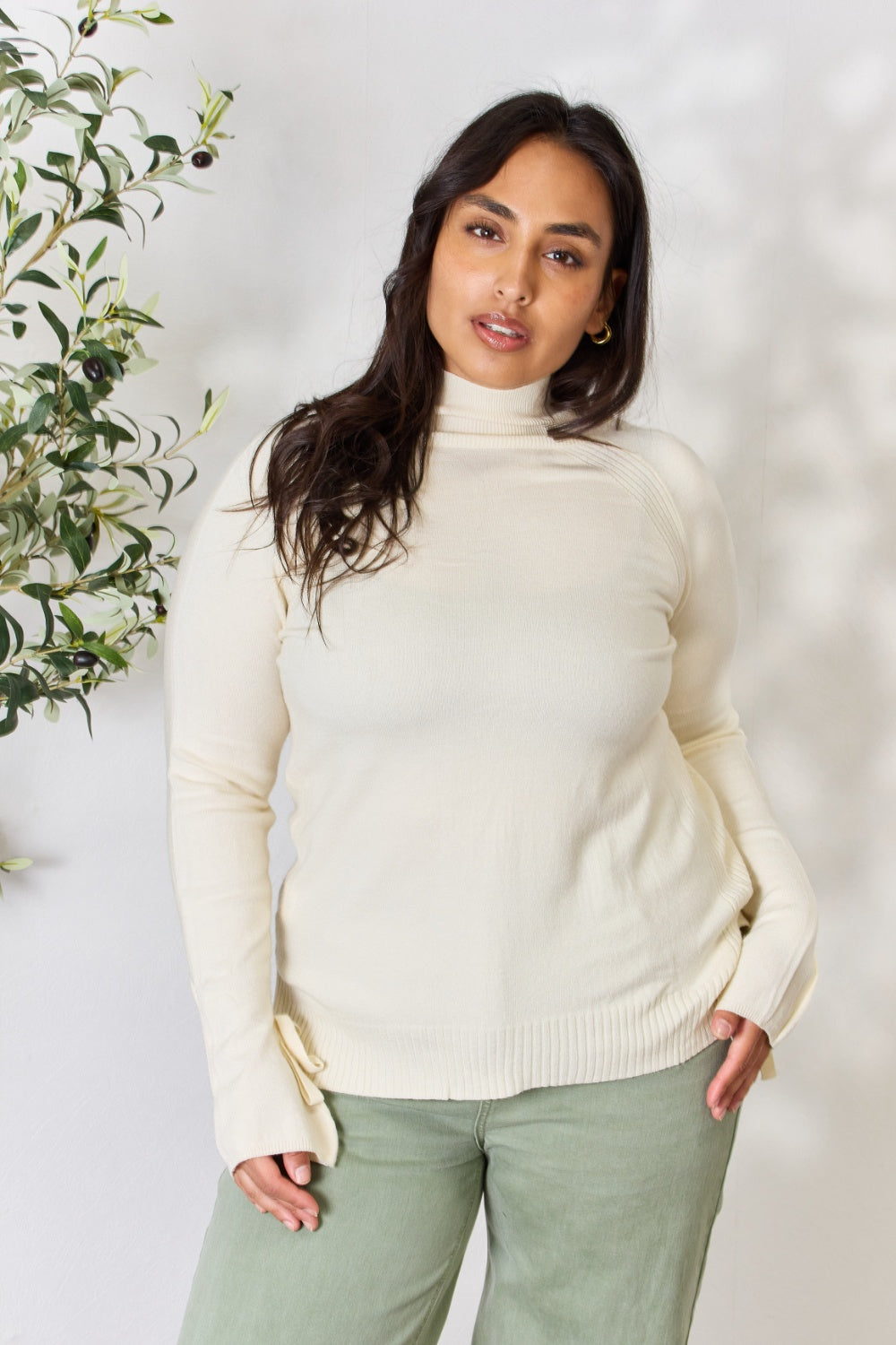 Heimish Full Size Ribbed Bow Detail Long Sleeve Turtleneck Knit Top - UrbanEthereal