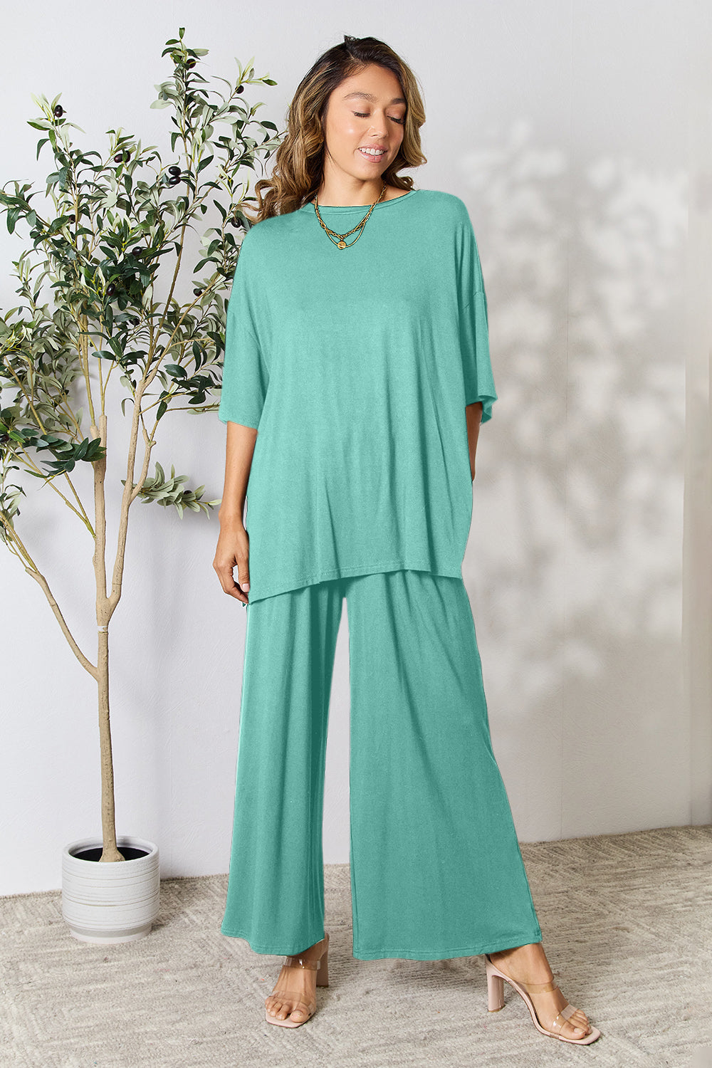 Double Take Full Size Round Neck Slit Top and Pants Set - UrbanEthereal