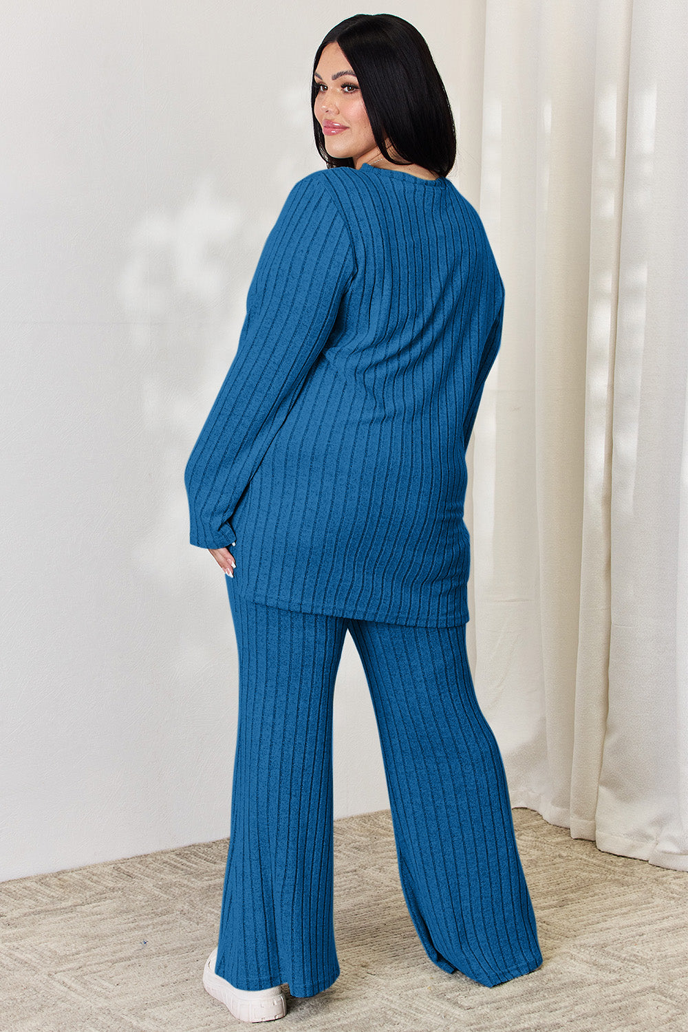Basic Bae Full Size Ribbed High-Low Top and Wide Leg Pants Set - UrbanEthereal
