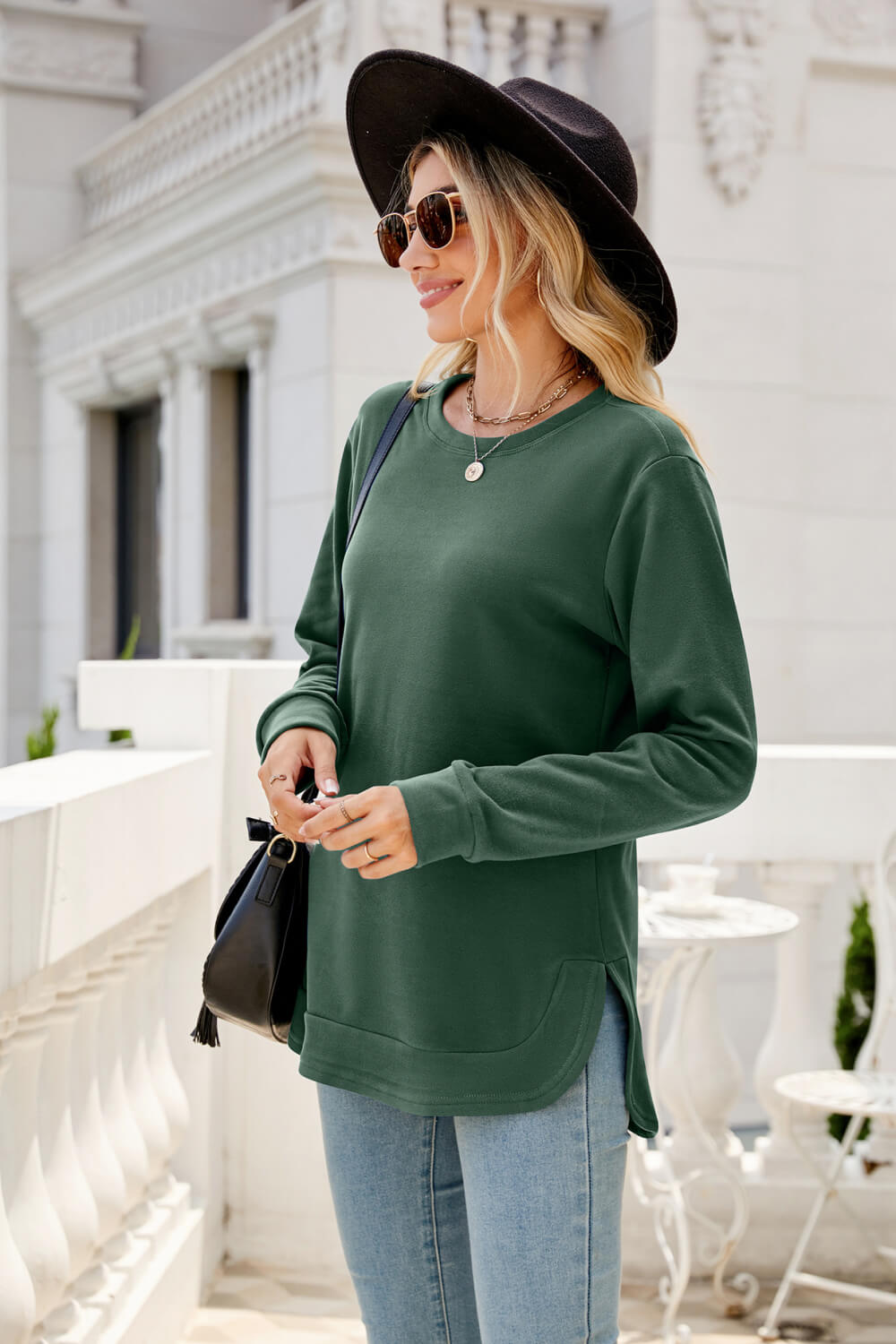 Round Neck Slit Tunic Top