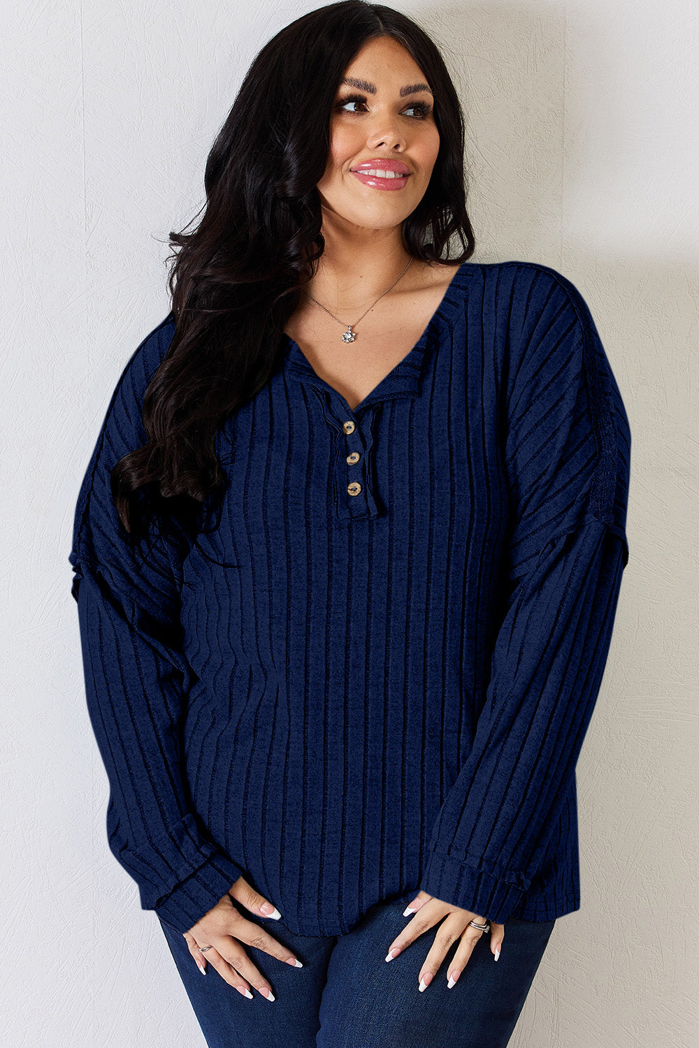 Basic Bae Full Size Ribbed Half Button Long Sleeve T-Shirt - UrbanEthereal