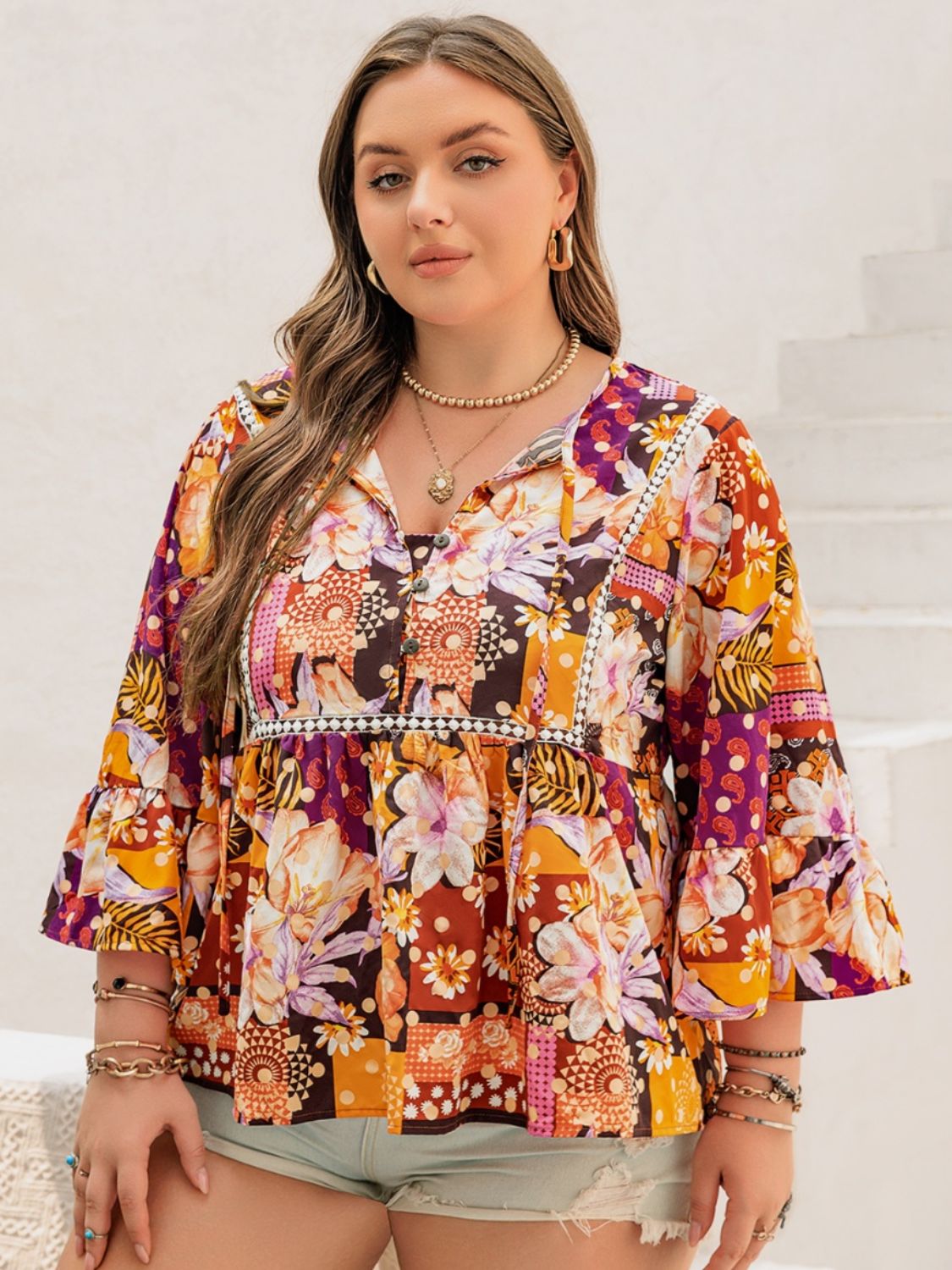 Plus Size Printed Tie Neck Blouse - UrbanEthereal