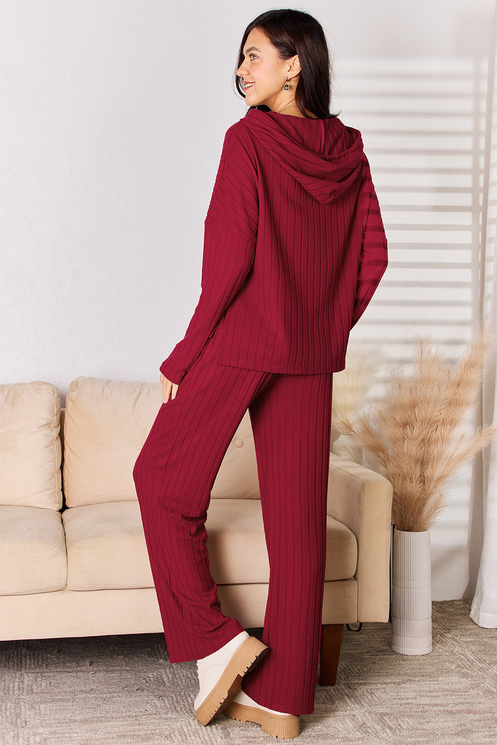 Basic Bae Full Size Ribbed Drawstring Hooded Top and Straight Pants Set - UrbanEthereal