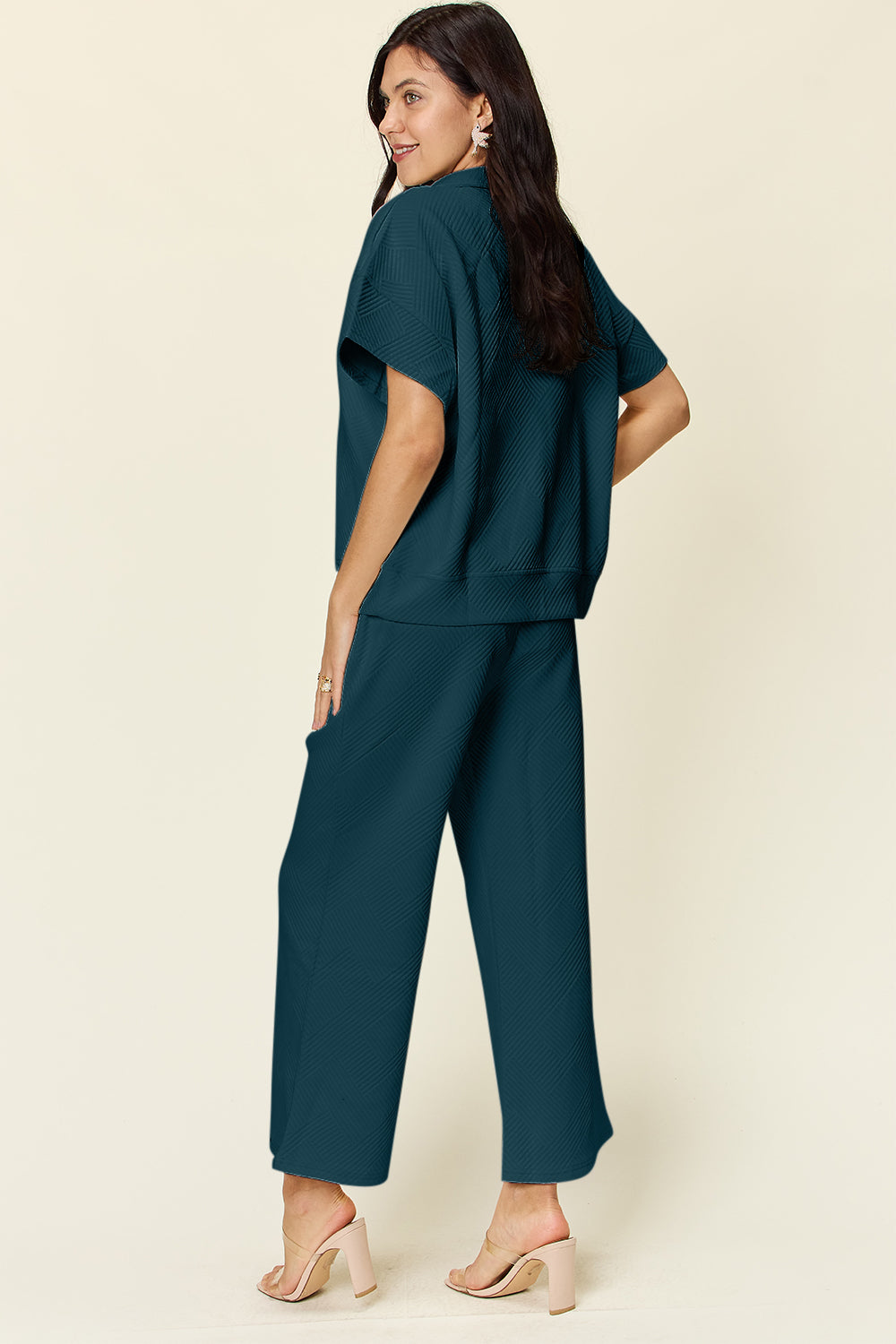 Double Take Full Size Texture Half Zip Short Sleeve Top and Pants Set - UrbanEthereal