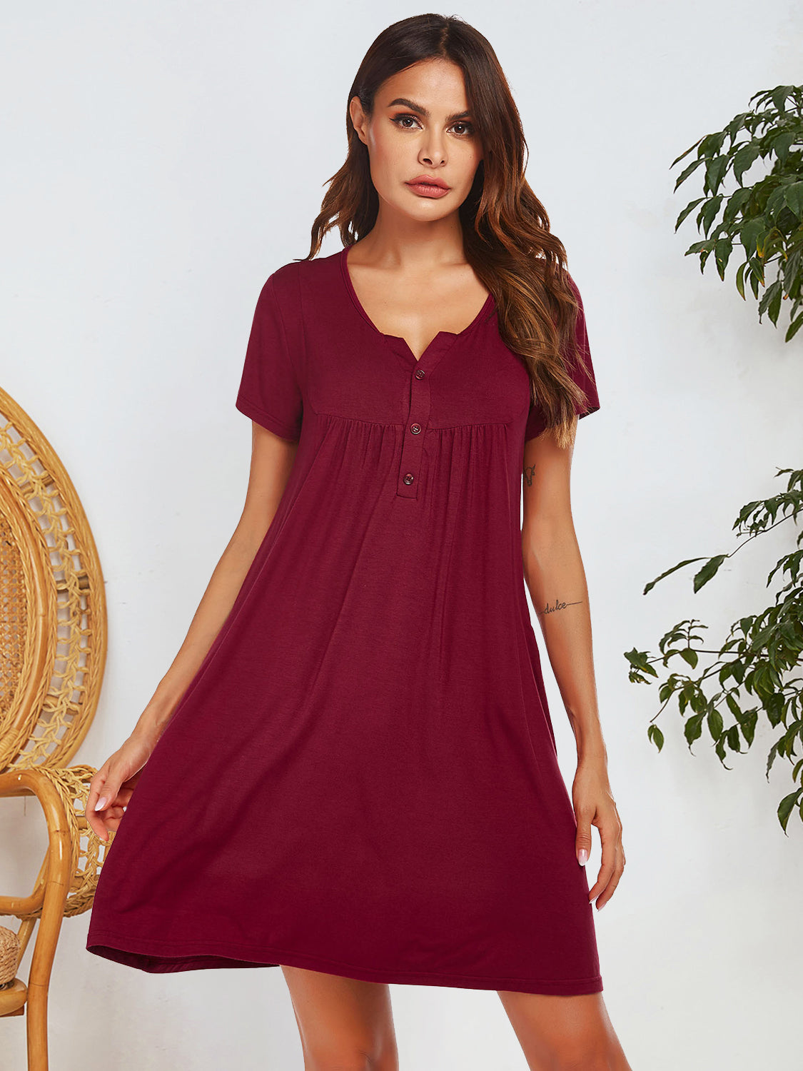 Notched Short Sleeve Mini Lounge Dress