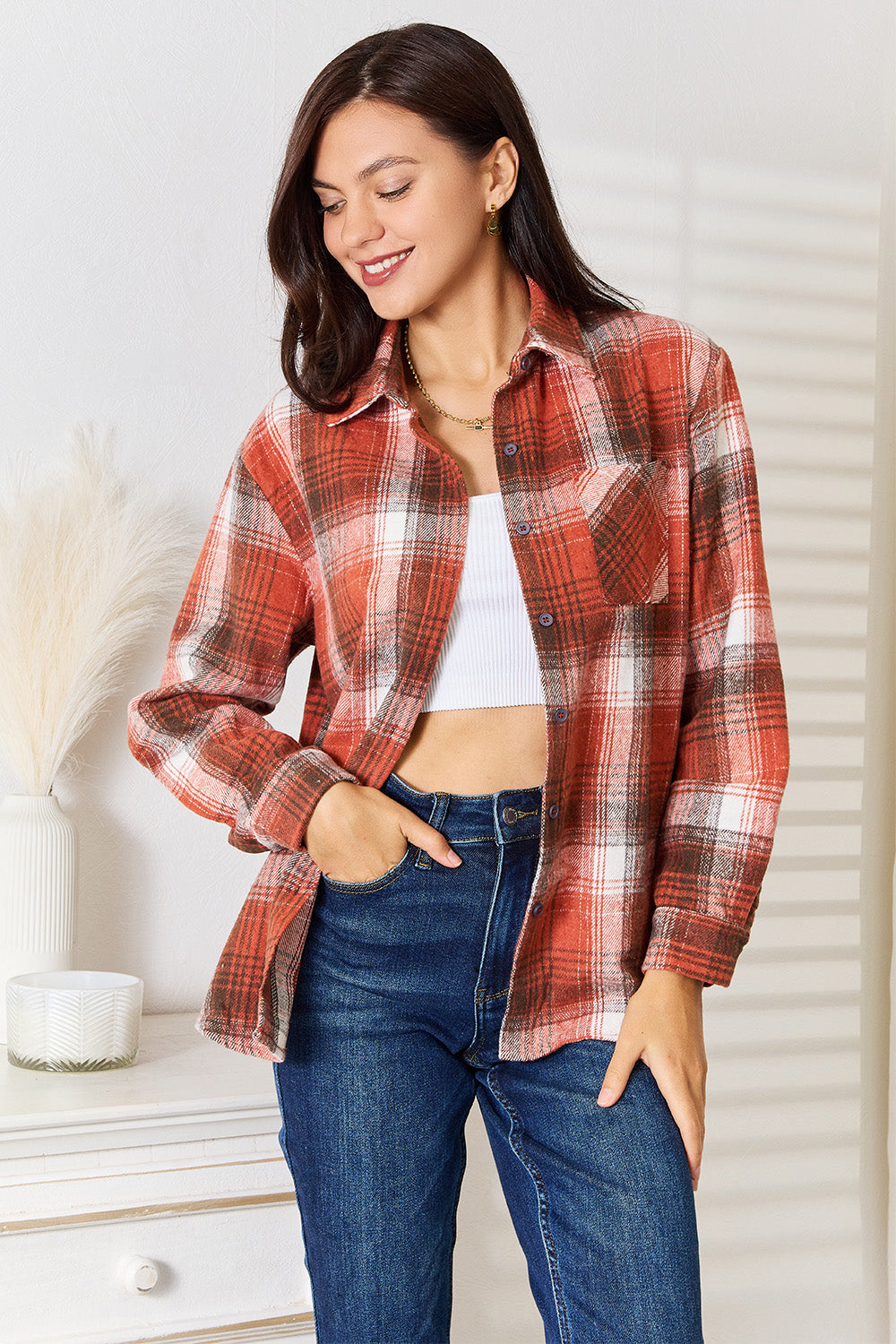 Plaid Collared Neck Long Sleeve Shirt