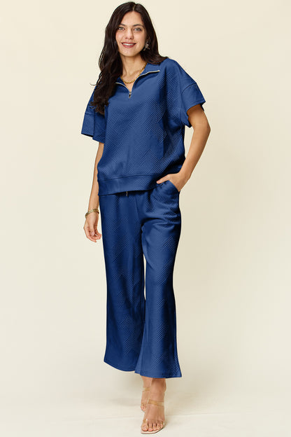 Double Take Full Size Texture Half Zip Short Sleeve Top and Pants Set - UrbanEthereal