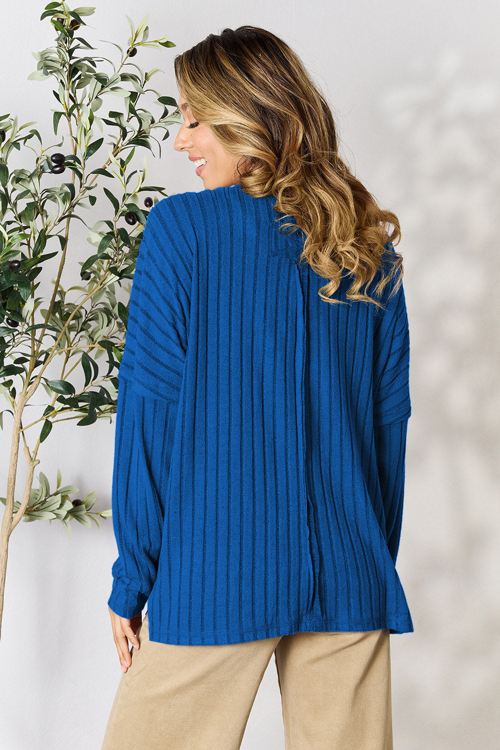 Basic Bae Full Size Ribbed Round Neck Slit Knit Top - UrbanEthereal