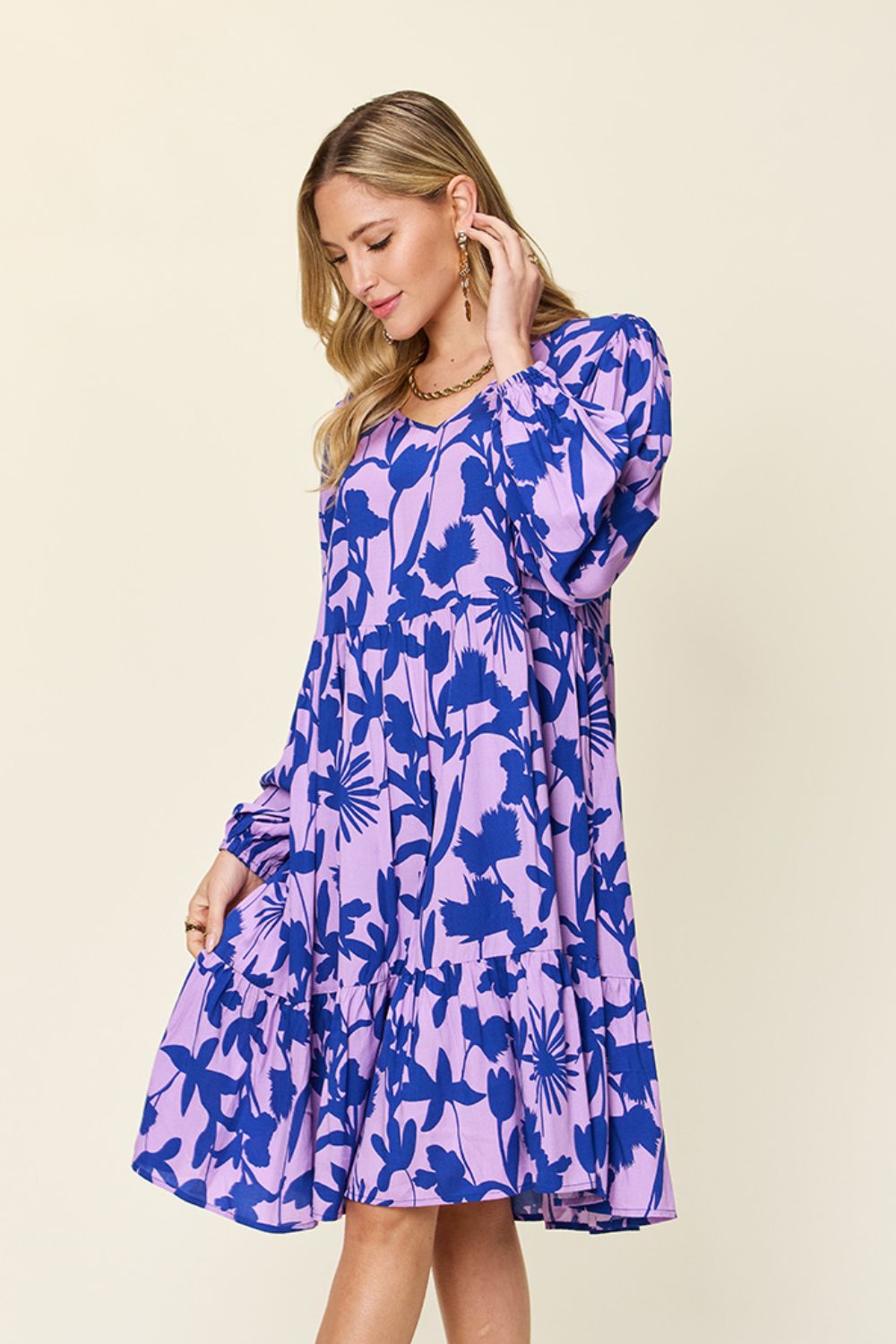 Double Take Full Size Printed Ruffle Hem Dress with Pocket - UrbanEthereal