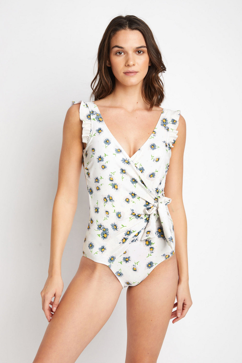 Marina West Swim Float On Ruffle Faux Wrap One-Piece in Daisy Cream - UrbanEthereal