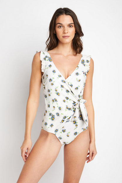 Marina West Swim Float On Ruffle Faux Wrap One-Piece in Daisy Cream - UrbanEthereal