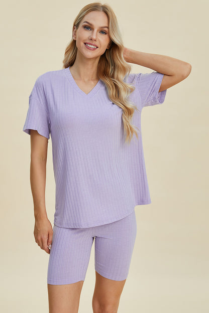 Basic Bae Full Size Ribbed V-Neck Short Sleeve Top and Shorts Set - UrbanEthereal
