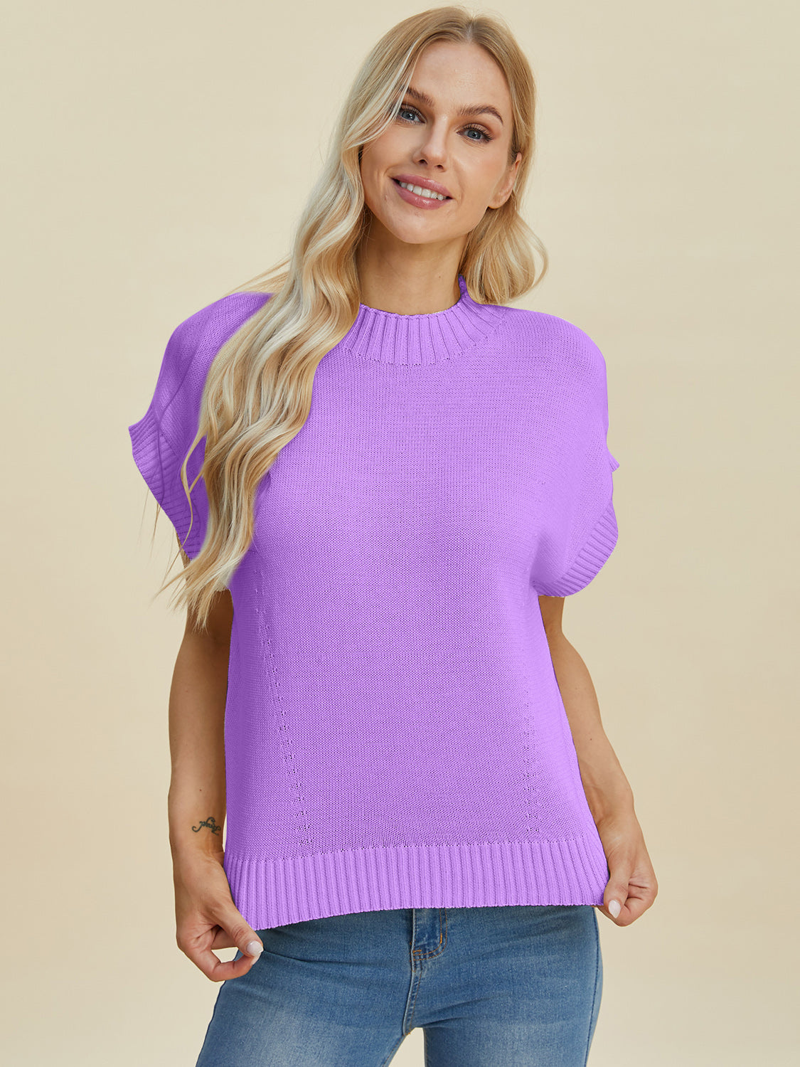 Double Take Full Size Mock Neck Short Sleeve Sweater - UrbanEthereal