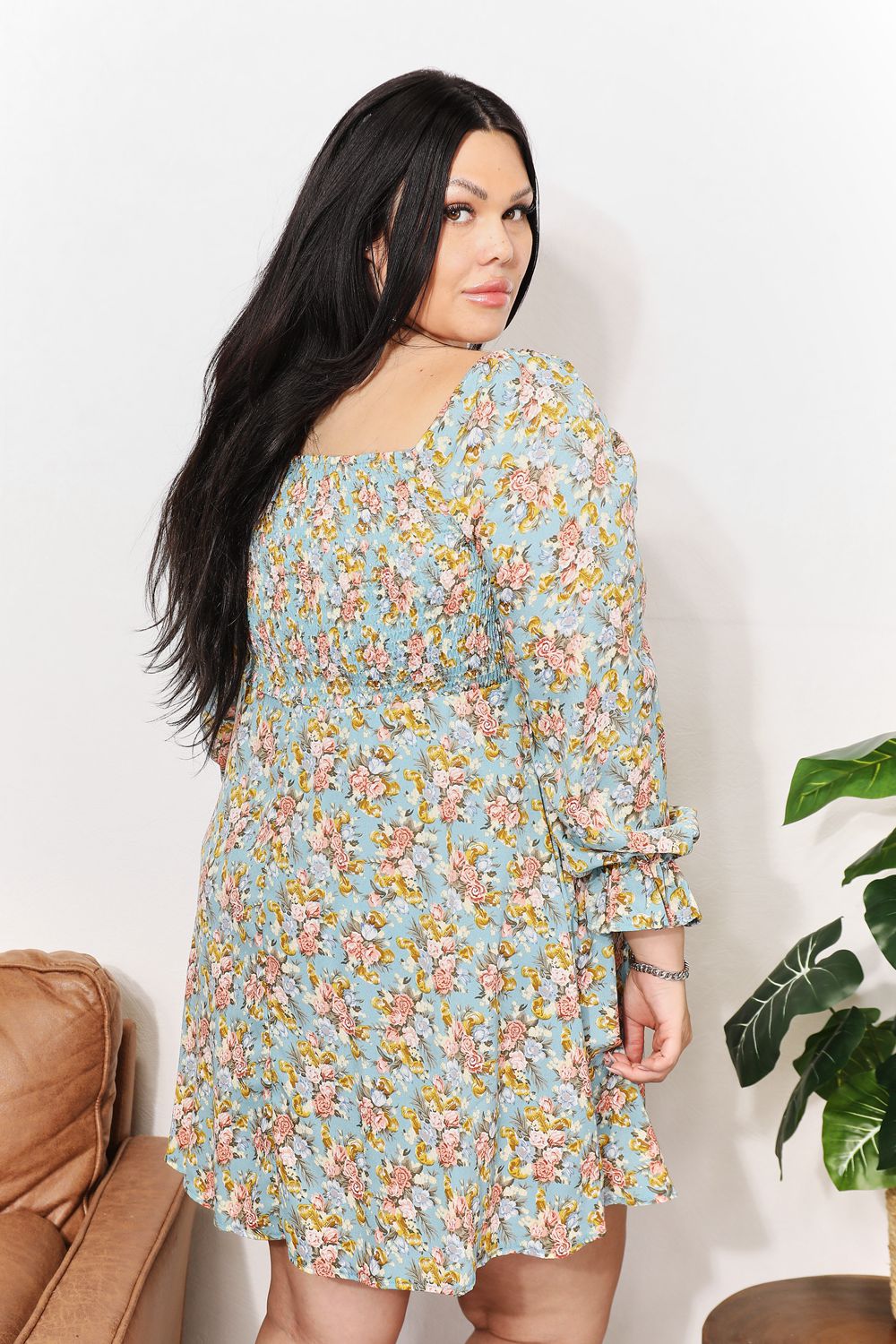Floral Smocked Flounce Sleeve Square Neck Dress - UrbanEthereal