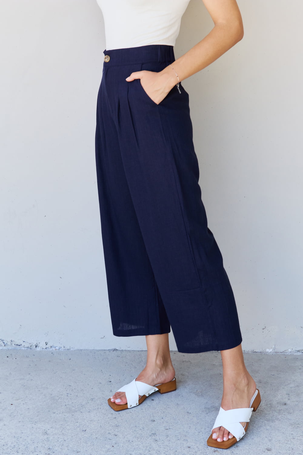 And The Why In The Mix Full Size Pleated Detail Linen Pants in Dark Navy - UrbanEthereal