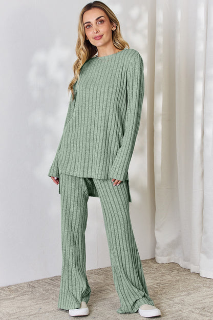 Basic Bae Full Size Ribbed High-Low Top and Wide Leg Pants Set - UrbanEthereal