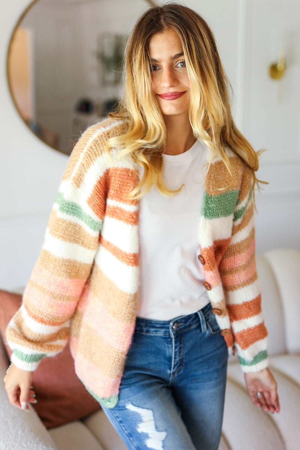 Haptics Full Size Button Down Striped Sweater Cardigan - UrbanEthereal