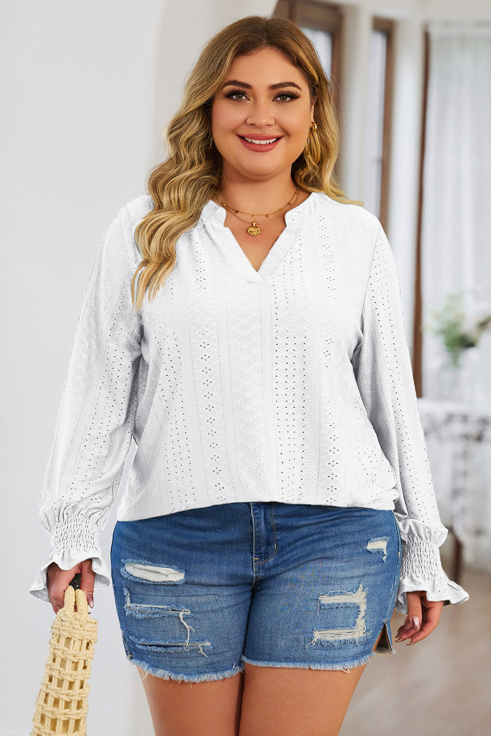 Plus Size Eyelet Notched Flounce Sleeve Blouse - UrbanEthereal