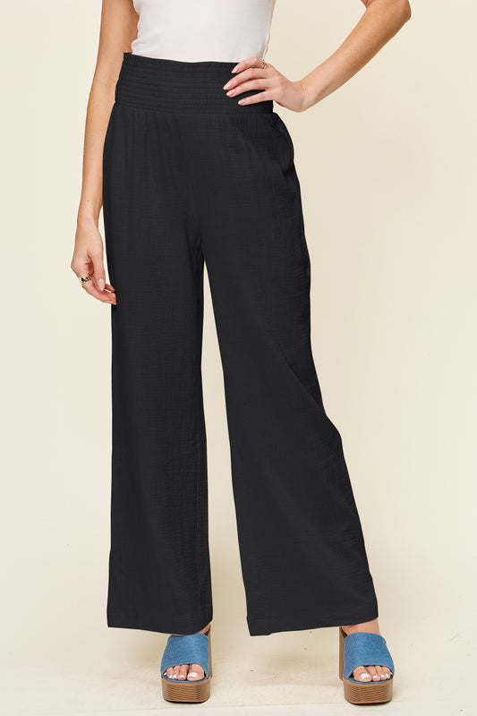 Double Take Full Size Texture Smocked Waist Wide Leg Pants - UrbanEthereal