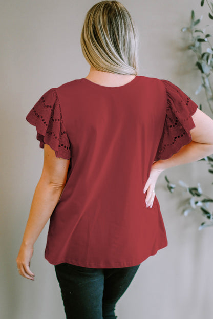 Plus Size Eyelet Round Neck Short Sleeve Blouse - UrbanEthereal