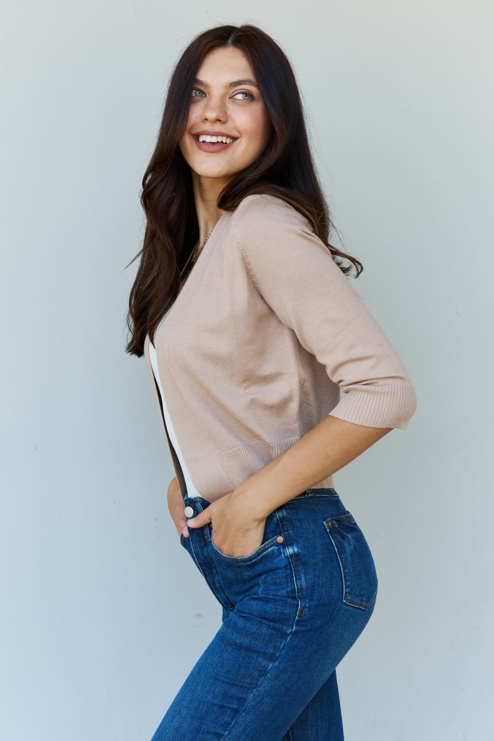 Doublju My Favorite Full Size 3/4 Sleeve Cropped Cardigan in Khaki - UrbanEthereal