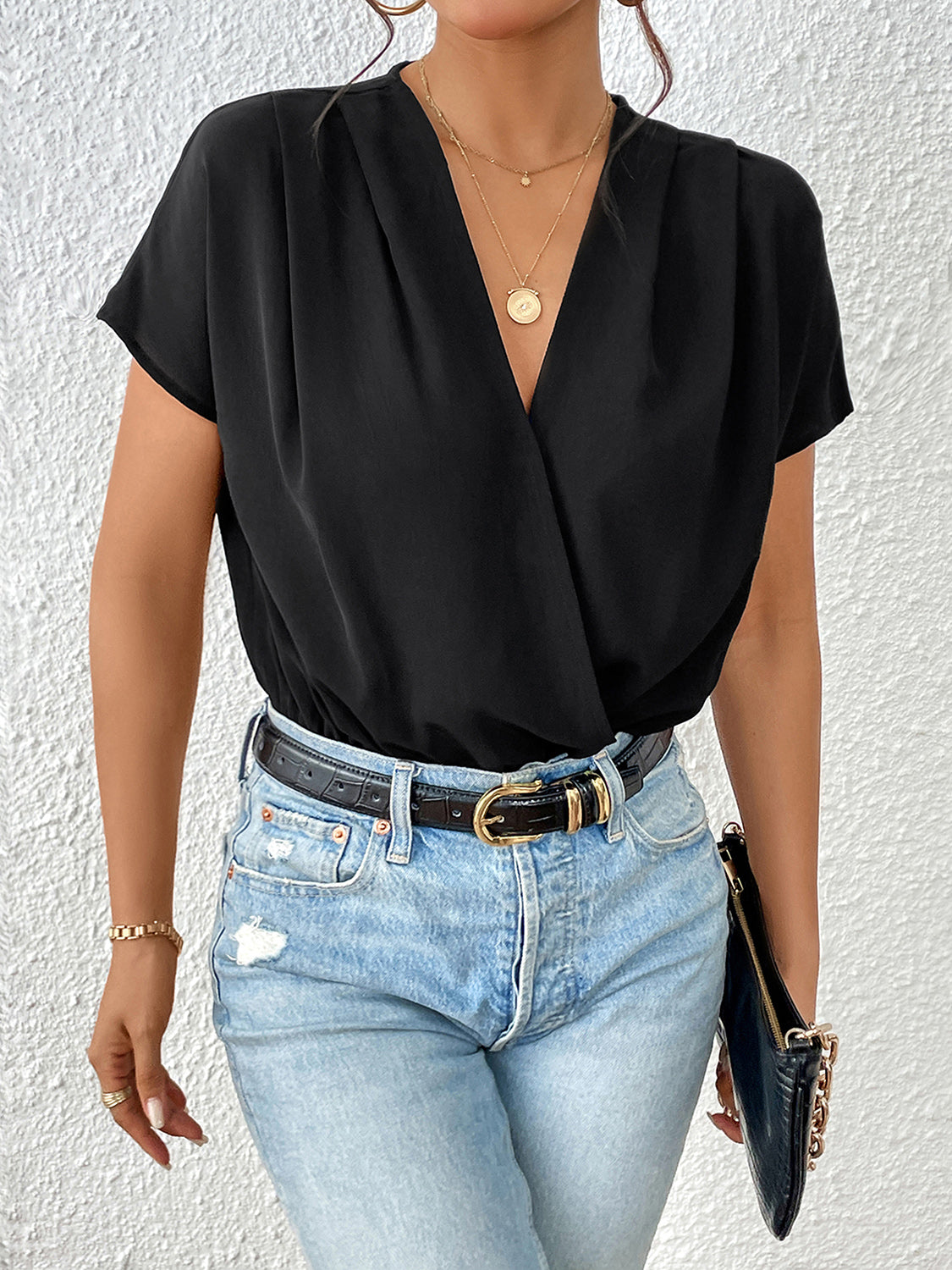 Perfee Surplice Short Sleeve Ruched Bodysuit