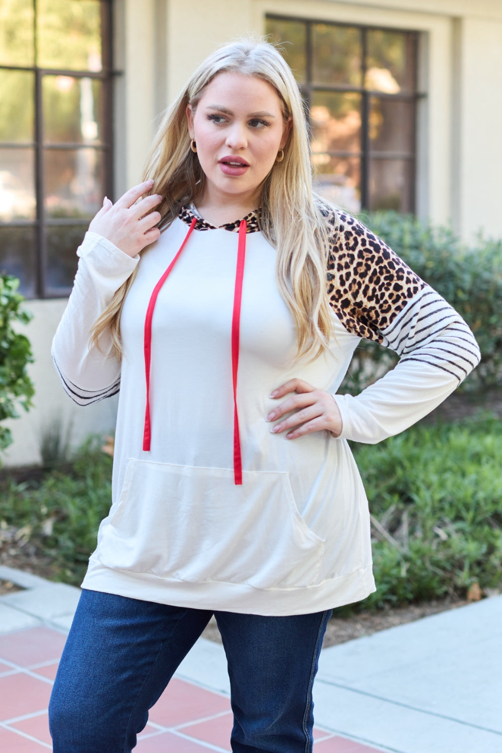 Celeste Design Full Size Leopard Contrast Drawstring Hoodie - UrbanEthereal