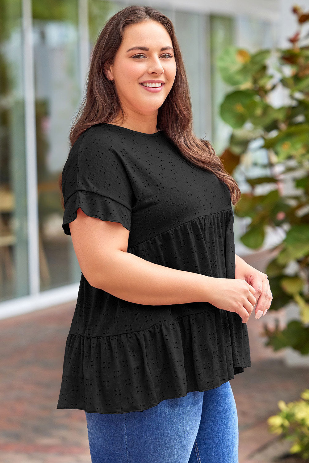 Plus Size Eyelet Round Neck Short Sleeve Blouse - UrbanEthereal