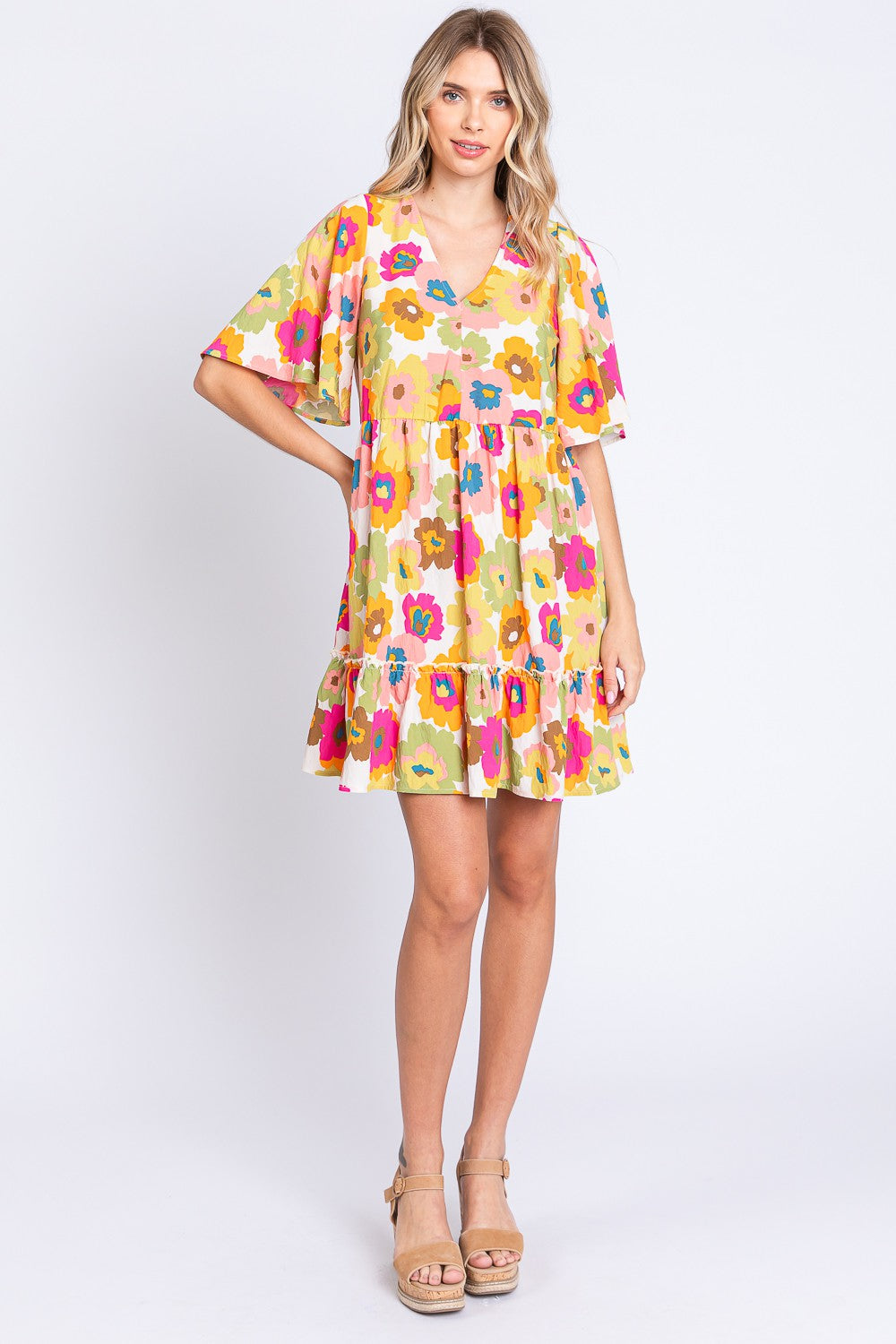 GeeGee Full Size Floral V-Neck Ruffle Trim Mini Dress - UrbanEthereal