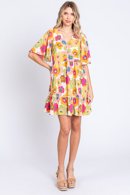 GeeGee Full Size Floral V-Neck Ruffle Trim Mini Dress - UrbanEthereal