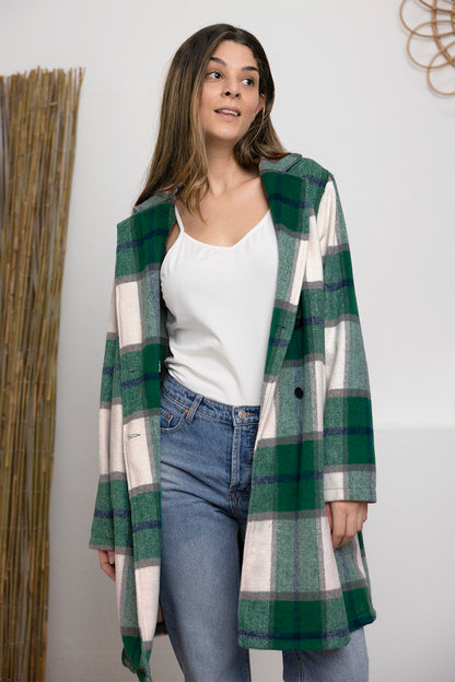 Double Take Full Size Plaid Button Up Lapel Collar Coat - UrbanEthereal